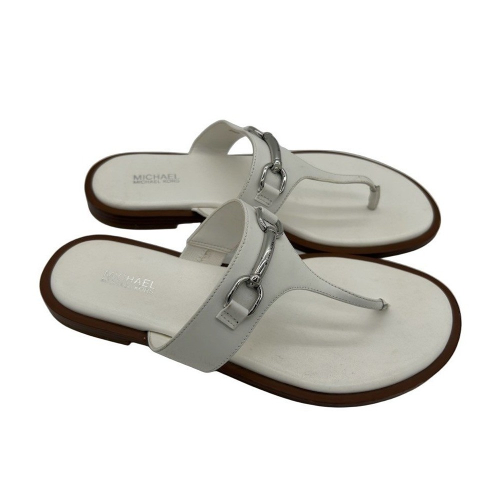Michael Kors Thong Sandals Women's Size 9.5 M White Leather Silver Horse Bit